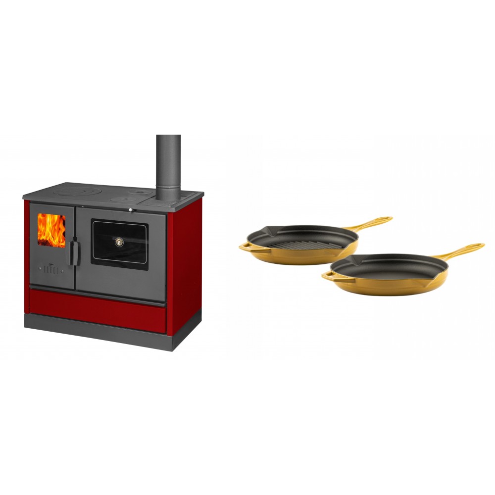 Set Küchenofen mit Backofen und Kochplatte Balkan Energy, Modell 4020 Bordeaux, Obere Platte aus Gusseisen, Leistung 7.9kW + Gusseisen Topf Set aus 2 teilen Solagio, Dijon