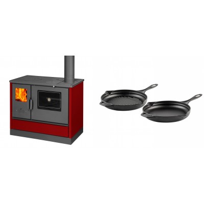Set Küchenofen mit Backofen und Kochplatte Balkan Energy, Modell 4020 Bordeaux, Obere Platte aus Gusseisen, Leistung 7.9kW + Gusseisen Topf Set aus 2 teilen Solagio, Black Onyx - Balkan Energy