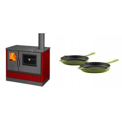 Set Küchenofen mit Backofen und Kochplatte Balkan Energy, Modell 4020 Bordeaux, Obere Platte aus Gusseisen, Leistung 7.9kW + Gusseisen Topf Set aus 2 teilen Solagio, Bamboo - Balkan Energy
