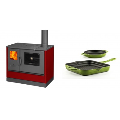 Set Küchenofen mit Backofen und Kochplatte Balkan Energy, Modell 4020 Bordeaux, Obere Platte aus Gusseisen, Leistung 7.9kW + Gusseisen Topf Set aus 2 teilen Solagio, Bamboo - Balkan Energy