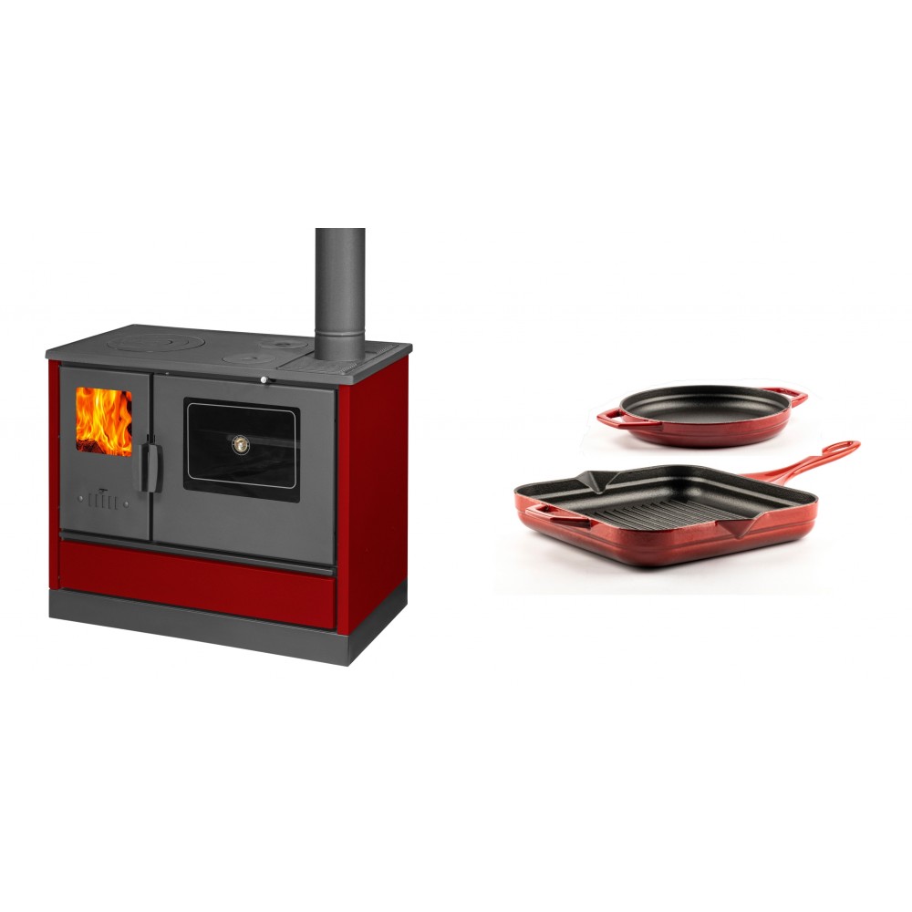 Set Küchenofen mit Backofen und Kochplatte Balkan Energy, Modell 4020 Bordeaux, Obere Platte aus Gusseisen, Leistung 7.9kW + Gusseisen Topf Set aus 2 teilen Solagio, Rubin | Kaminofen - Holzofen mit Backfach | Kaminofen |