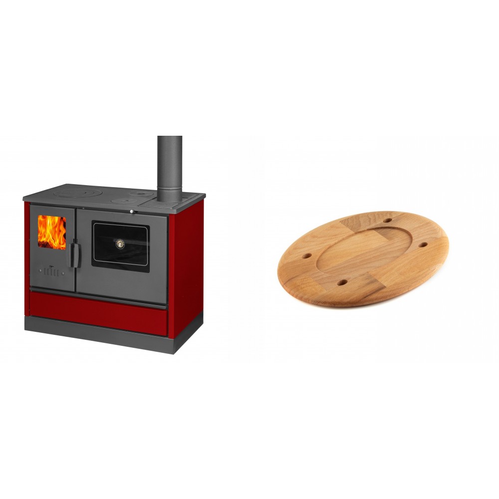 Set Küchenofen mit Backofen und Kochplatte Balkan Energy, Modell 4020 Bordeaux, Obere Platte aus Gusseisen, Leistung 7.9kW + Holz untersetzer für ovale platte Solagio HSOISK1728, 17x28cm | Kaminofen - Holzofen mit Backfach | Kaminofen |