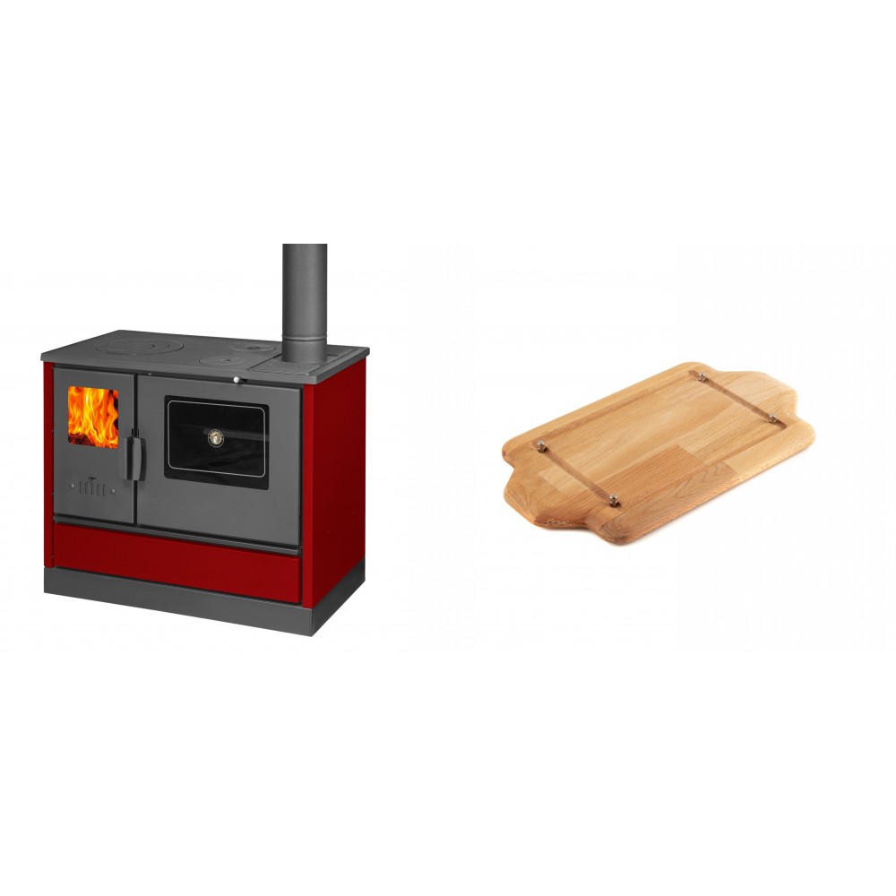 Set Küchenofen mit Backofen und Kochplatte Balkan Energy, Modell 4020 Bordeaux, Obere Platte aus Gusseisen, Leistung 7.9kW + Holz untersetzer für mini-gusseisenplatte Solagio HSDDHP1522