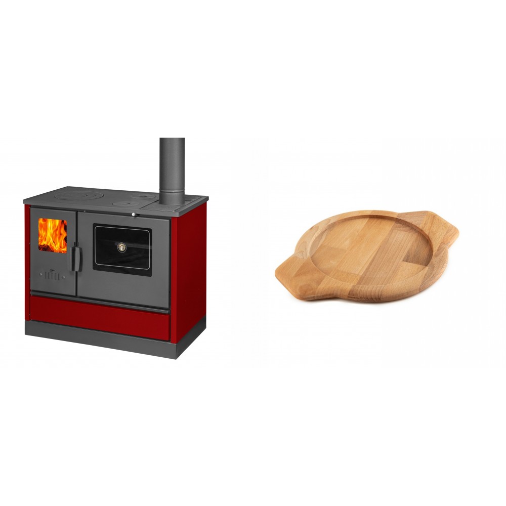 Set Küchenofen mit Backofen und Kochplatte Balkan Energy, Modell 4020 Bordeaux, Obere Platte aus Gusseisen, Leistung 7.9kW + Holz untersetzer für gusseisenschüssel Solagio HSYKTV22
