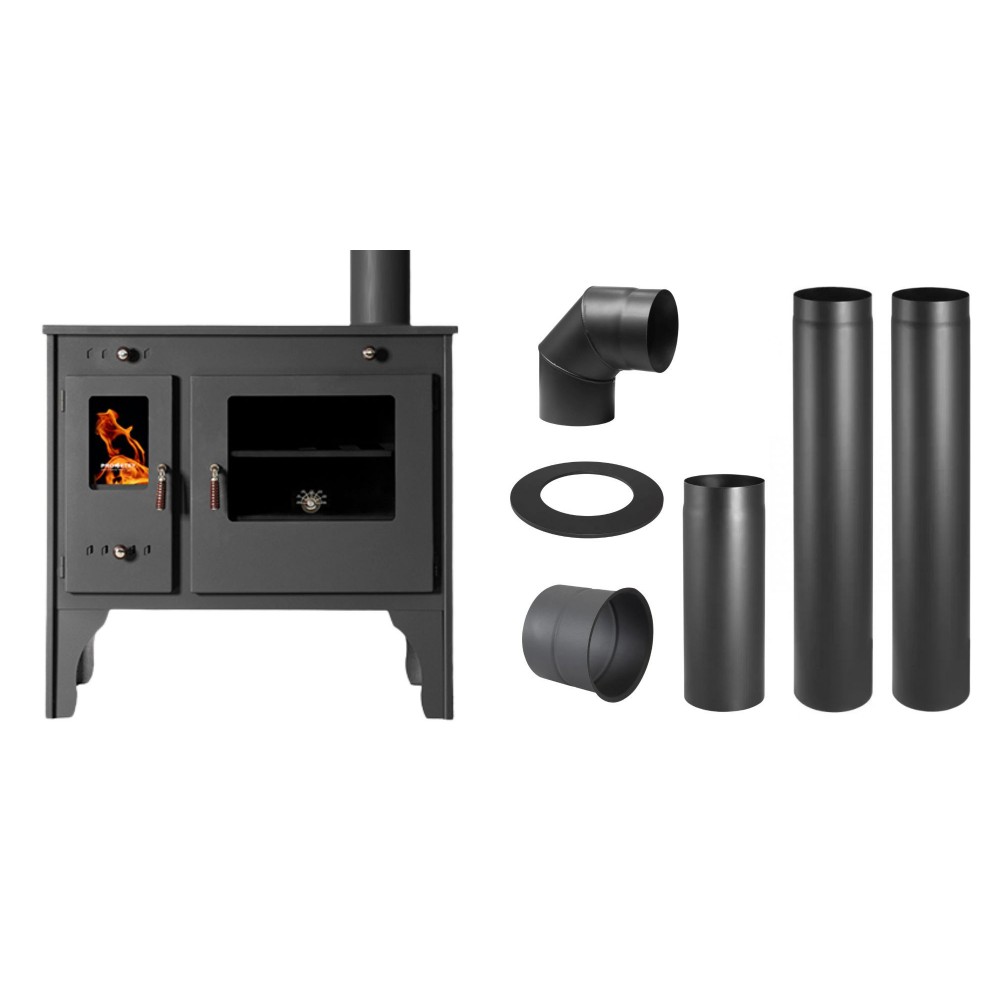 Set Küchenofen / Küchenhexe Prometey Retro Eco, 7kW + Schornstein Bausatz PARKANEX, Stahl Ø130, Dicke 2mm | Kaminofen - Holzofen mit Backfach | Kaminofen |