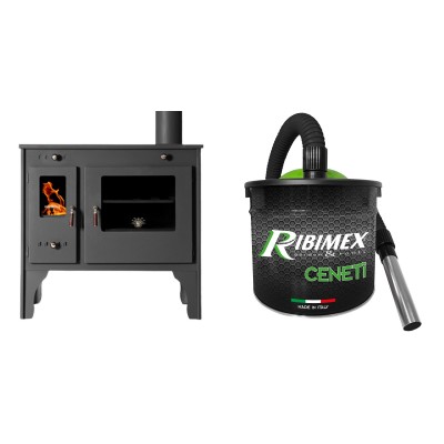 Set Küchenofen / Küchenhexe Prometey Retro Eco, 7kW + Elektrischer Aschesauger Ribimex, Modell Cenetì, Fassungsvermögen 15 L - Kaminofen - Holzofen mit Backfach
