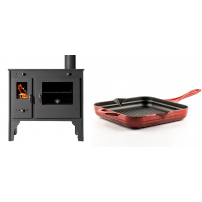 Set Küchenofen / Küchenhexe Prometey Retro Eco, 7kW + Emaillierte grillpfanne Gusseisen Solagio, Rubin, 28x28cm - Kaminofen - Holzofen mit Backfach