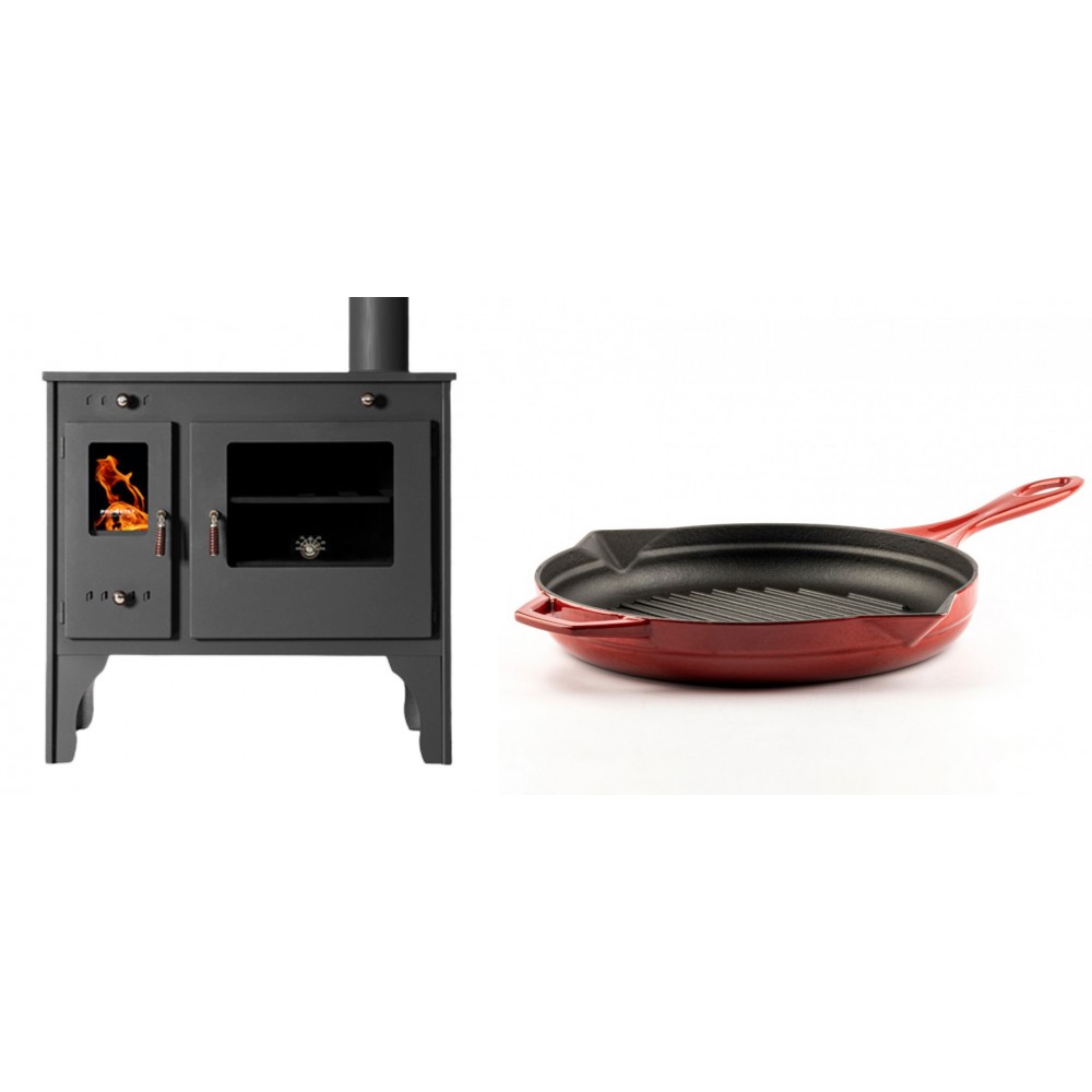 Set Küchenofen / Küchenhexe Prometey Retro Eco, 7kW + Emaillierte grillpfanne Gusseisen Solagio, Rubin, Ф28cm