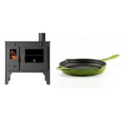 Set Küchenofen / Küchenhexe Prometey Retro Eco, 7kW + Emaillierte grillpfanne Gusseisen Solagio, Bamboo, Ф28cm - Kaminofen - Holzofen mit Backfach