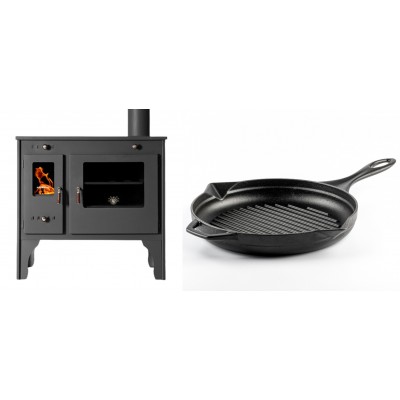 Set Küchenofen / Küchenhexe Prometey Retro Eco, 7kW + Emaillierte grillpfanne Gusseisen Solagio, Black Onyx, Ф28cm - Kaminofen - Holzofen mit Backfach