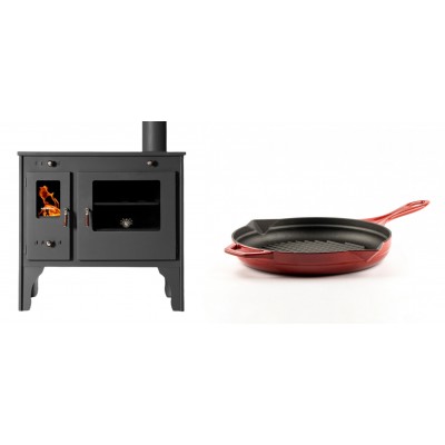 Set Küchenofen / Küchenhexe Prometey Retro Eco, 7kW + Emaillierte grillpfanne Gusseisen Solagio, Rubin, Ф24cm - Kaminofen - Holzofen mit Backfach