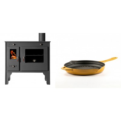 Set Küchenofen / Küchenhexe Prometey Retro Eco, 7kW + Emaillierte grillpfanne Gusseisen Solagio, Dijon, Ф24cm - Kaminofen - Holzofen mit Backfach
