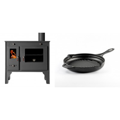 Set Küchenofen / Küchenhexe Prometey Retro Eco, 7kW + Emaillierte grillpfanne Gusseisen Solagio, Black Onyx, Ф24cm - Kaminofen - Holzofen mit Backfach