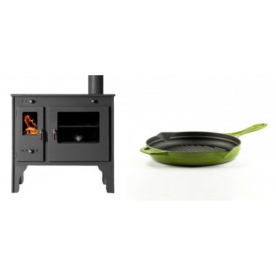 Set Küchenofen / Küchenhexe Prometey Retro Eco, 7kW + Emaillierte grillpfanne Gusseisen Solagio, Bamboo, Ф24cm - Kaminofen - Holzofen mit Backfach
