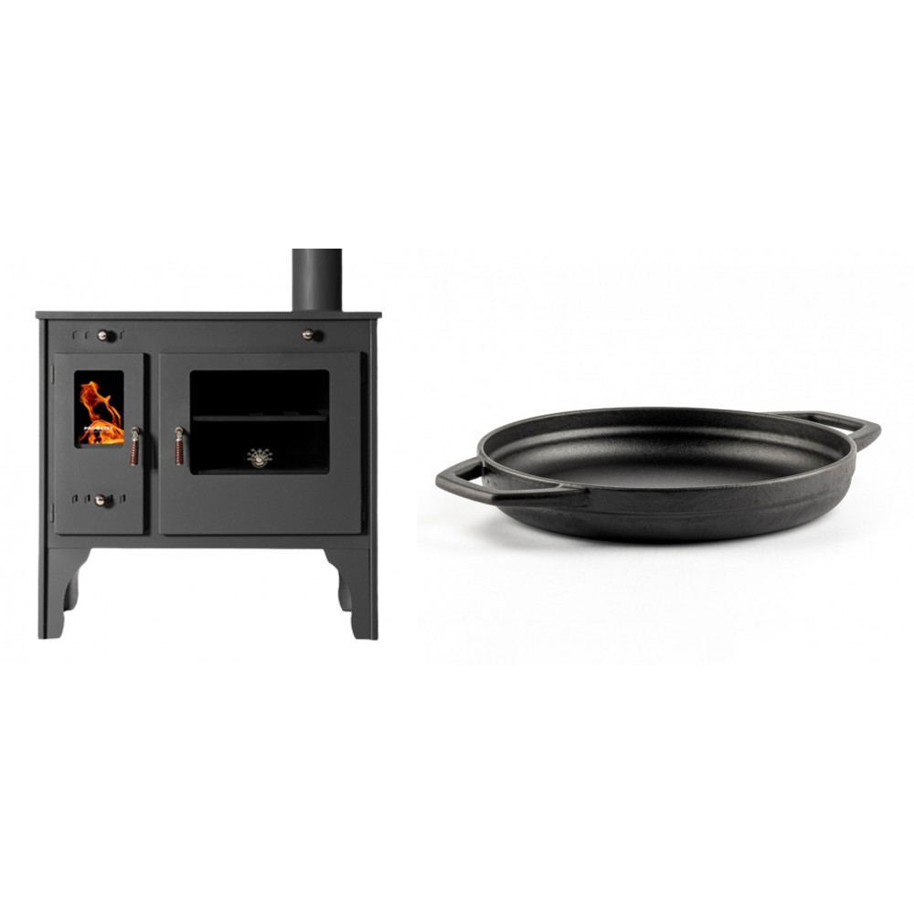 Set Küchenofen / Küchenhexe Prometey Retro Eco, 7kW + Emaillierte gusseisenpfanne mit zwei Griffen Solagio, Black Onyx, Ф22cm