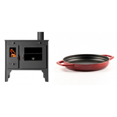 Set Küchenofen / Küchenhexe Prometey Retro Eco, 7kW + Emaillierte gusseisenpfanne mit zwei Griffen Solagio, Rubin, Ф22cm - Kaminofen - Holzofen mit Backfach