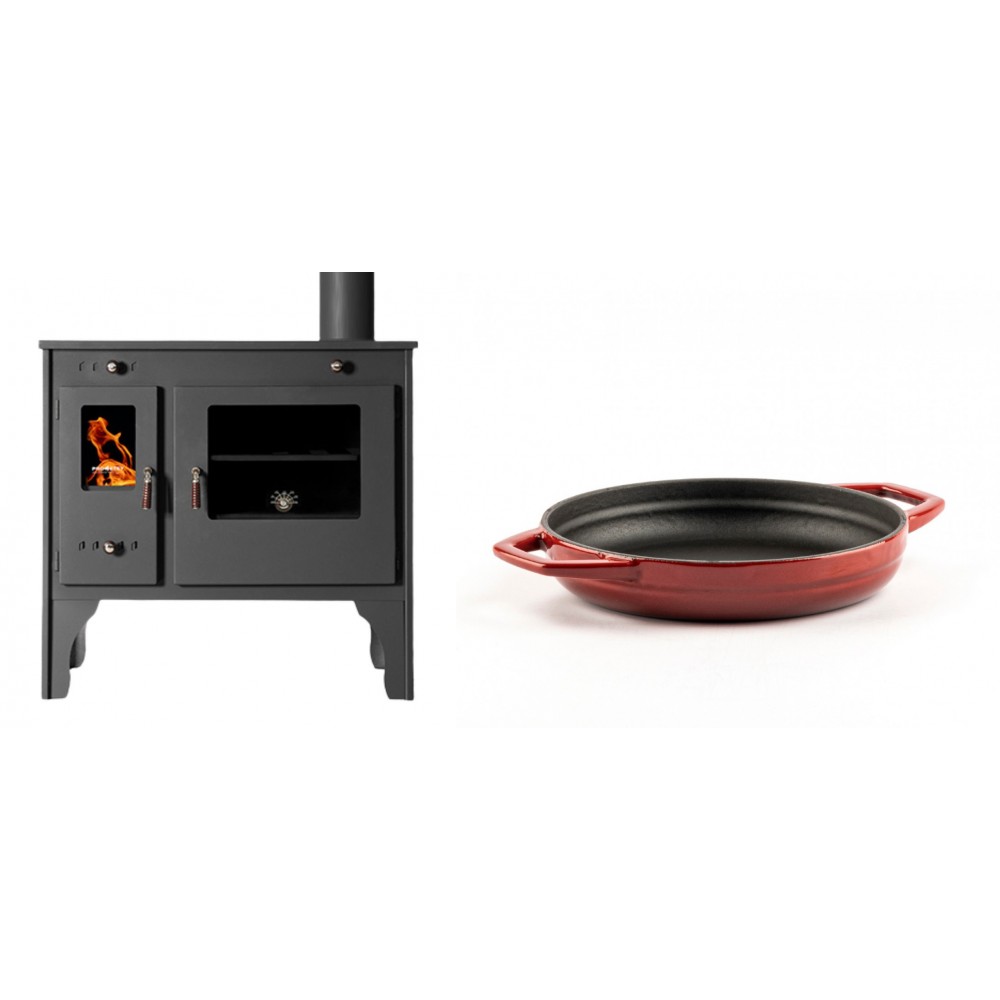Set Küchenofen / Küchenhexe Prometey Retro Eco, 7kW + Emaillierte gusseisenpfanne mit zwei Griffen Solagio, Rubin, Ф19cm