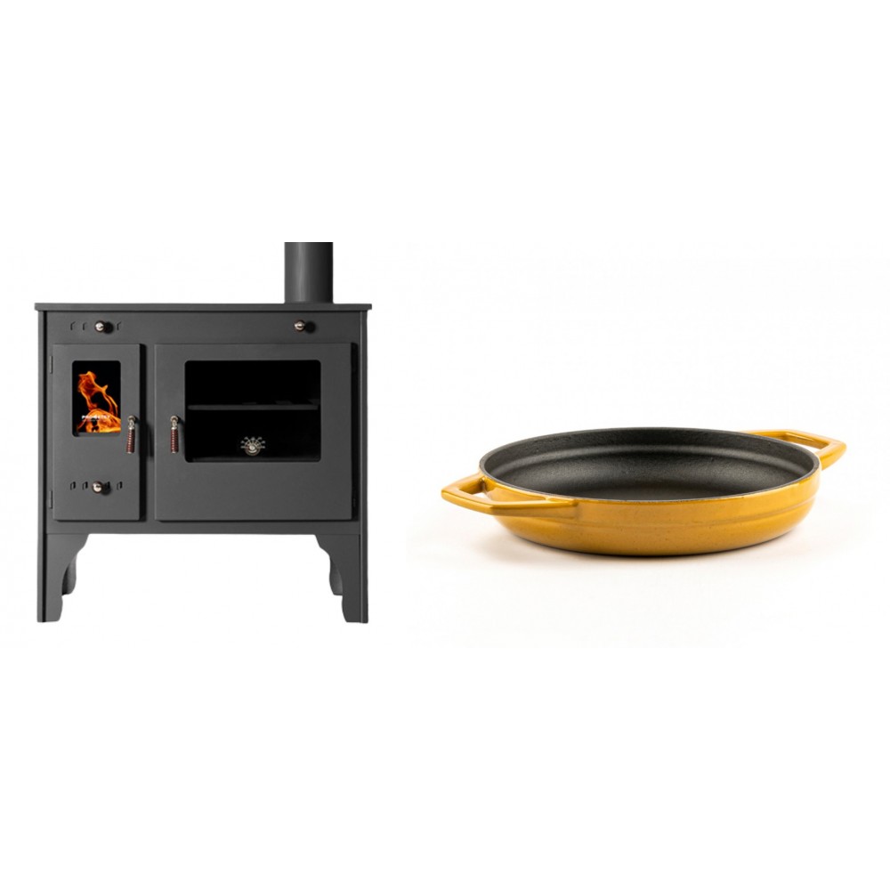 Set Küchenofen / Küchenhexe Prometey Retro Eco, 7kW + Emaillierte gusseisenpfanne mit zwei Griffen Solagio, Dijon, Ф19cm | Kaminofen - Holzofen mit Backfach | Kaminofen |