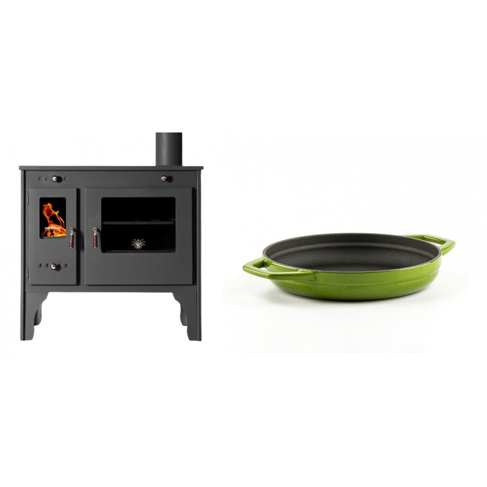 Set Küchenofen / Küchenhexe Prometey Retro Eco, 7kW + Emaillierte gusseisenpfanne mit zwei Griffen Solagio, Bamboo, Ф19cm | Kaminofen - Holzofen mit Backfach | Kaminofen |