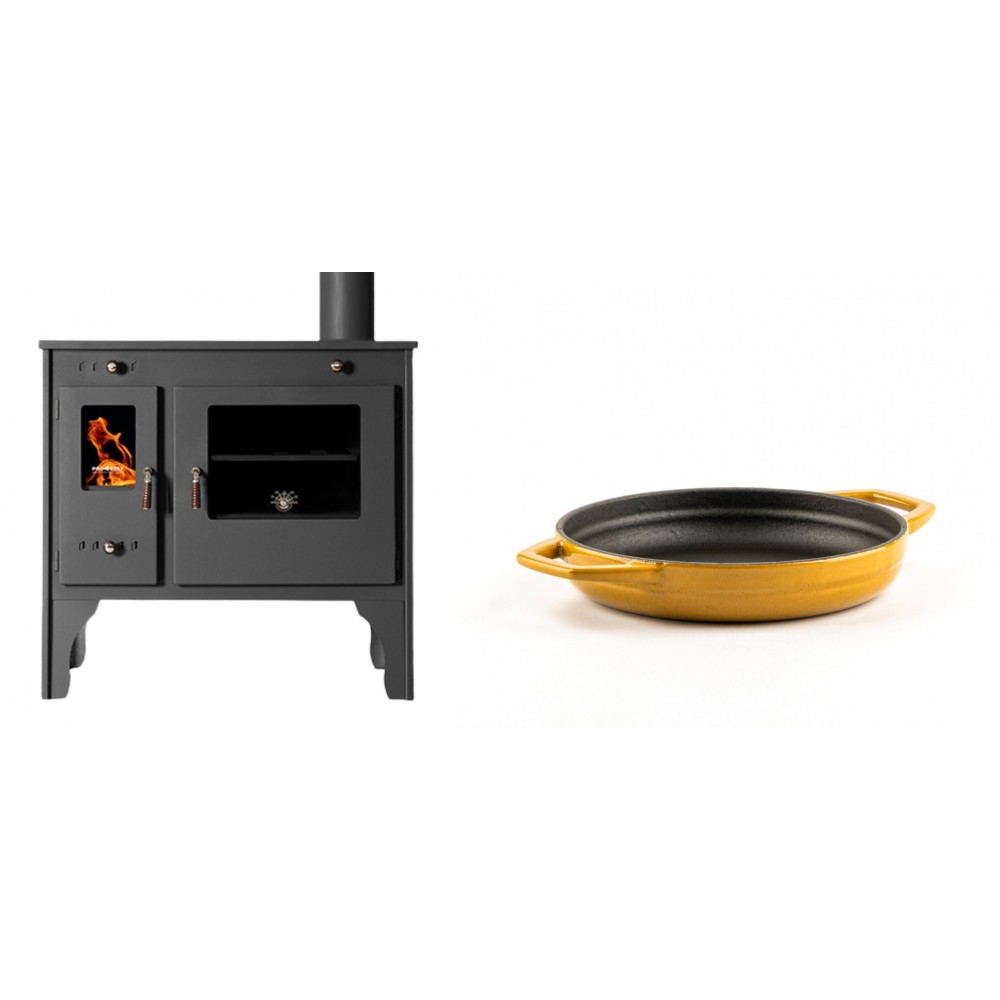 Set Küchenofen / Küchenhexe Prometey Retro Eco, 7kW + Emaillierte gusseisenpfanne mit zwei Griffen Solagio, Dijon, Ф16cm