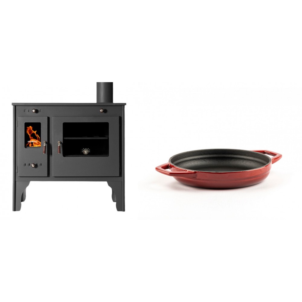 Set Küchenofen / Küchenhexe Prometey Retro Eco, 7kW + Emaillierte gusseisenpfanne mit zwei Griffen Solagio, Rubin, Ф16cm
