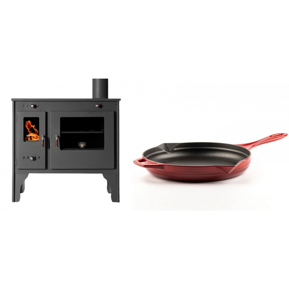 Set Küchenofen / Küchenhexe Prometey Retro Eco, 7kW + Emaillierte Gusseisenpfanne Solagio, Rubin, Ф28cm | Kaminofen - Holzofen mit Backfach | Kaminofen |