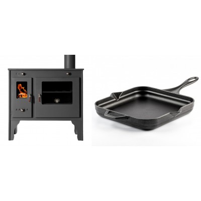 Set Küchenofen / Küchenhexe Prometey Retro Eco, 7kW + Emaillierte Gusseisenpfanne Solagio, Black Onyx, 28x28cm - Kaminofen - Holzofen mit Backfach