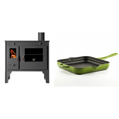 Set Küchenofen / Küchenhexe Prometey Retro Eco, 7kW + Emaillierte Gusseisenpfanne Solagio, Bamboo, 28x28cm - Kaminofen - Holzofen mit Backfach