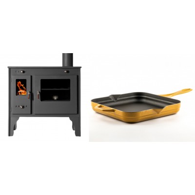 Set Küchenofen / Küchenhexe Prometey Retro Eco, 7kW + Emaillierte Gusseisenpfanne Solagio, Dijon, 28x28cm - Kaminofen - Holzofen mit Backfach