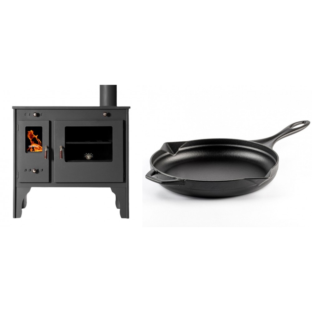 Set Küchenofen / Küchenhexe Prometey Retro Eco, 7kW + Emaillierte Gusseisenpfanne Solagio, Black Onyx, Ф28cm | Kaminofen - Holzofen mit Backfach | Kaminofen |