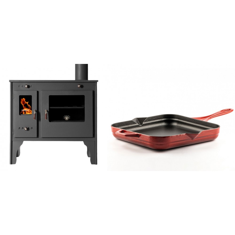 Set Küchenofen / Küchenhexe Prometey Retro Eco, 7kW + Emaillierte Gusseisenpfanne Solagio, Rubin, 28x28cm | Kaminofen - Holzofen mit Backfach | Kaminofen |