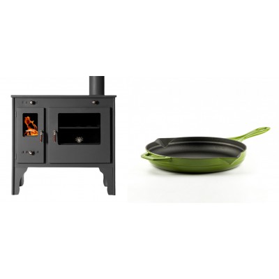 Set Küchenofen / Küchenhexe Prometey Retro Eco, 7kW + Emaillierte Gusseisenpfanne Solagio, Bamboo, Ф24cm - Kaminofen - Holzofen mit Backfach
