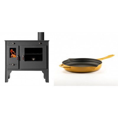 Set Küchenofen / Küchenhexe Prometey Retro Eco, 7kW + Emaillierte Gusseisenpfanne Solagio, Dijon, Ф24cm - Kaminofen - Holzofen mit Backfach
