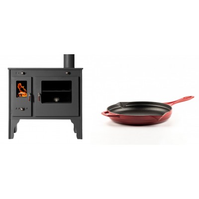 Set Küchenofen / Küchenhexe Prometey Retro Eco, 7kW + Emaillierte Gusseisenpfanne Solagio, Rubin, Ф24cm - Kaminofen - Holzofen mit Backfach