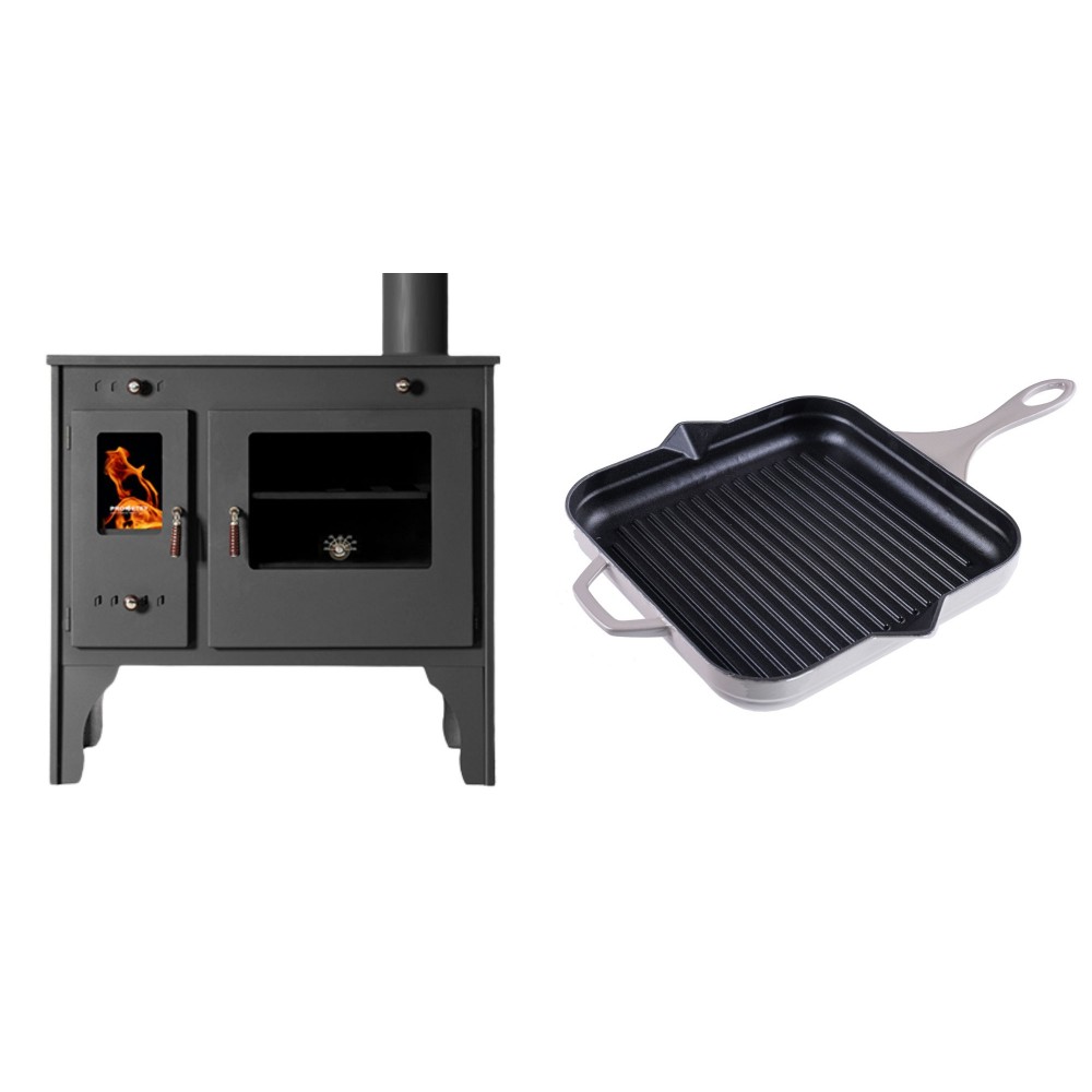 Set Küchenofen / Küchenhexe Prometey Retro Eco, 7kW + Emaillierte grillpfanne Gusseisen Solagio, Ivory, 28x28cm