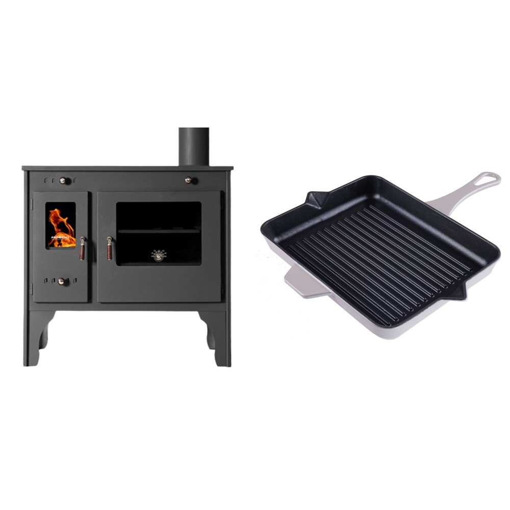 Set Küchenofen / Küchenhexe Prometey Retro Eco, 7kW + Emaillierte grillpfanne Gusseisen Solagio, Ivory, 26x32cm | Kaminofen - Holzofen mit Backfach | Kaminofen |