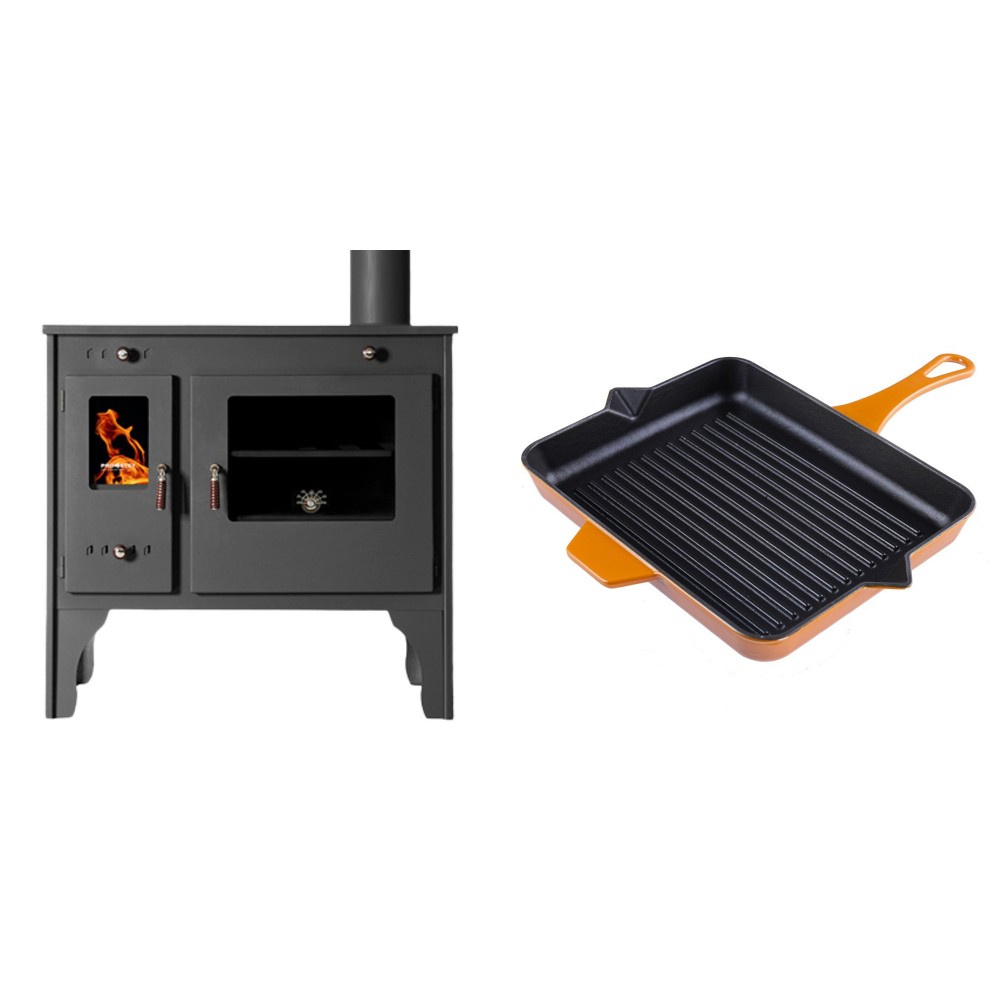 Set Küchenofen / Küchenhexe Prometey Retro Eco, 7kW + Emaillierte grillpfanne Gusseisen Solagio, Dijon, 26x32cm