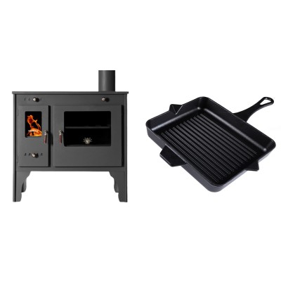 Set Küchenofen / Küchenhexe Prometey Retro Eco, 7kW + Emaillierte grillpfanne Gusseisen Solagio, Black Onyx, 26x32cm - Kaminofen - Holzofen mit Backfach