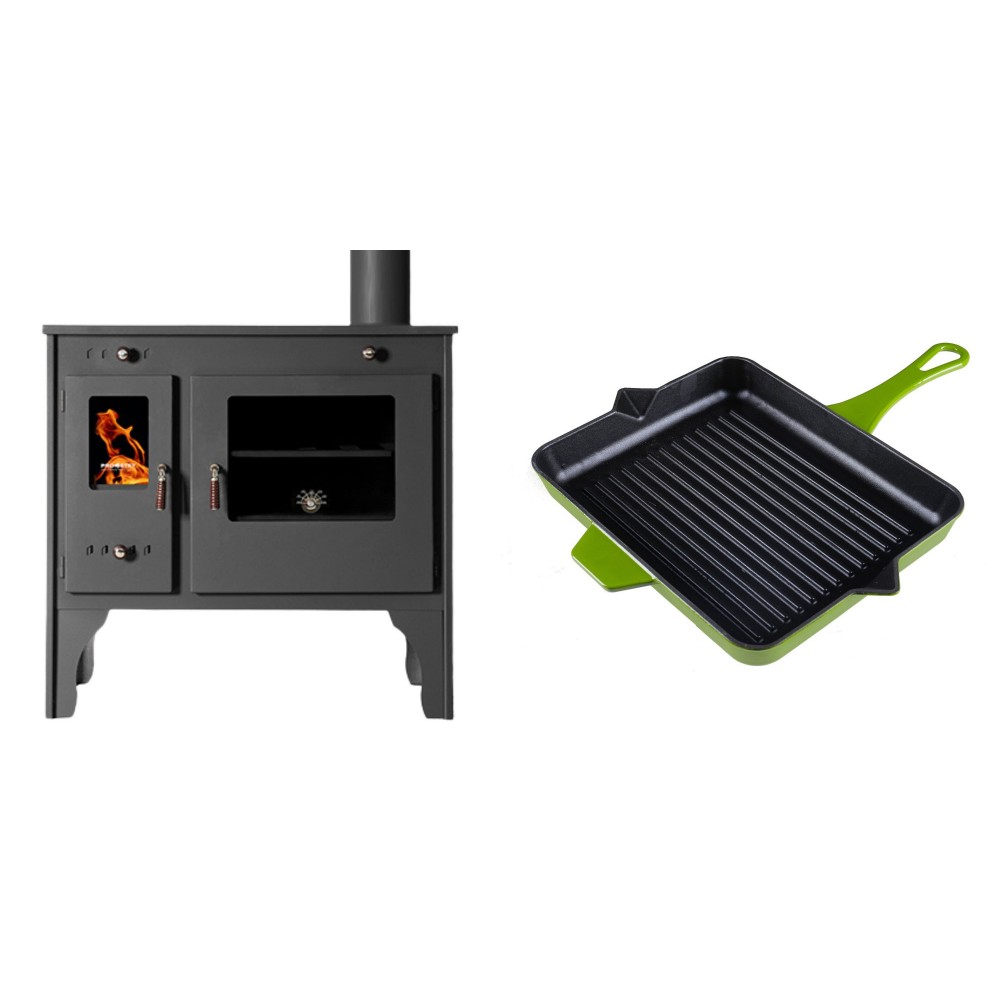 Set Küchenofen / Küchenhexe Prometey Retro Eco, 7kW + Emaillierte grillpfanne Gusseisen Solagio, Bamboo, 26x32cm