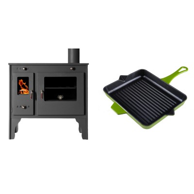 Set Küchenofen / Küchenhexe Prometey Retro Eco, 7kW + Emaillierte grillpfanne Gusseisen Solagio, Bamboo, 26x32cm - Kaminofen - Holzofen mit Backfach