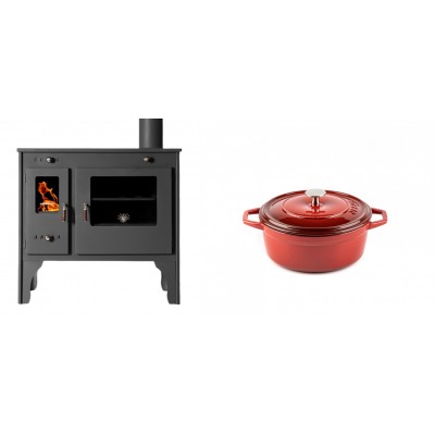 Set Küchenofen / Küchenhexe Prometey Retro Eco, 7kW + Gusseisen Topf Tiefer Solagio, Rubin, Ф12 - Kaminofen - Holzofen mit Backfach