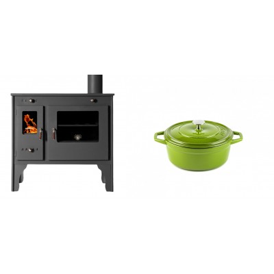 Set Küchenofen / Küchenhexe Prometey Retro Eco, 7kW + Gusseisen Topf Tiefer Solagio, Bamboo, Ф12 - Kaminofen - Holzofen mit Backfach