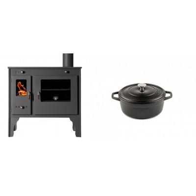 Set Küchenofen / Küchenhexe Prometey Retro Eco, 7kW + Gusseisen Topf Tiefer Solagio, Black Onyx, Ф12 - Kaminofen - Holzofen mit Backfach