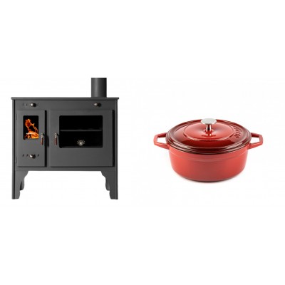 Set Küchenofen / Küchenhexe Prometey Retro Eco, 7kW + Gusseisen Topf Tiefer Solagio, Rubin, Ф20 - Kaminofen - Holzofen mit Backfach