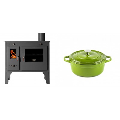 Set Küchenofen / Küchenhexe Prometey Retro Eco, 7kW + Gusseisen Topf Tiefer Solagio, Bamboo, Ф20 - Kaminofen - Holzofen mit Backfach