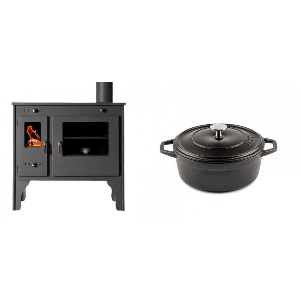 Set Küchenofen / Küchenhexe Prometey Retro Eco, 7kW + Gusseisen Topf Tiefer Solagio, Black Onyx, Ф20 | Kaminofen - Holzofen mit Backfach | Kaminofen |