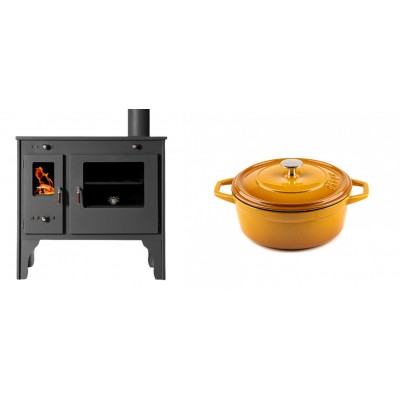 Set Küchenofen / Küchenhexe Prometey Retro Eco, 7kW + Gusseisen Topf Tiefer Solagio, Dijon, Ф20 - Kaminofen - Holzofen mit Backfach