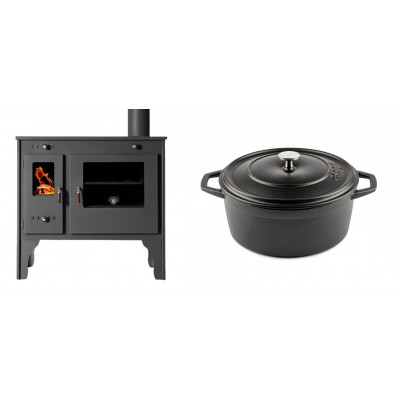 Set Küchenofen / Küchenhexe Prometey Retro Eco, 7kW + Gusseisen Topf Tiefer Solagio, Black Onyx, Ф24 - Kaminofen - Holzofen mit Backfach