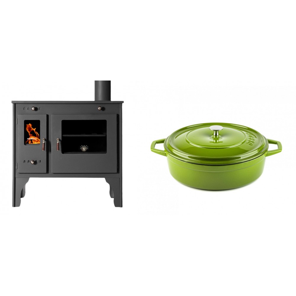 Set Küchenofen / Küchenhexe Prometey Retro Eco, 7kW + Gusseisen Topf Flach Solagio, Bamboo, Ф26