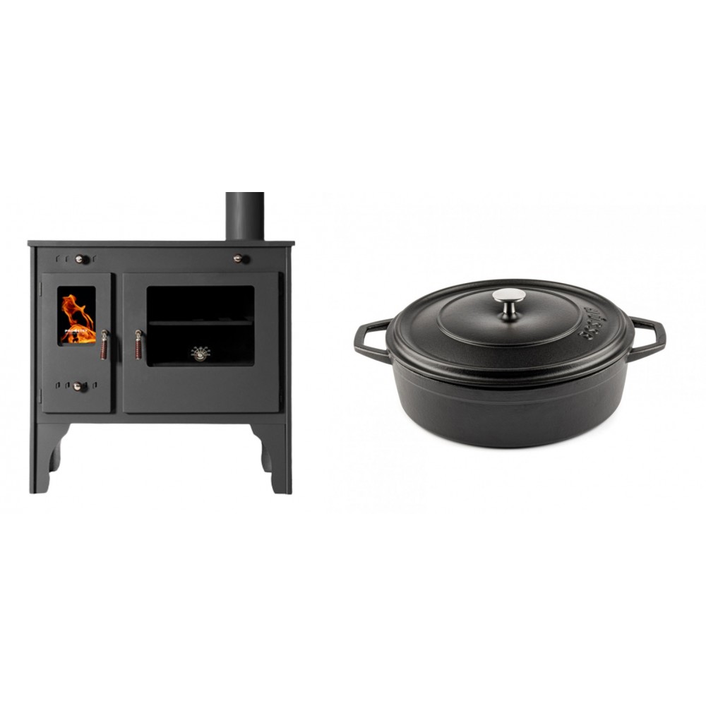 Set Küchenofen / Küchenhexe Prometey Retro Eco, 7kW + Gusseisen Topf Flach Solagio, Black Onyx, Ф26 | Kaminofen - Holzofen mit Backfach | Kaminofen |